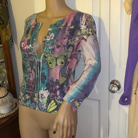 pastel blue pink sparkling butterflies cardigan sweater M - Picture 8 of 11